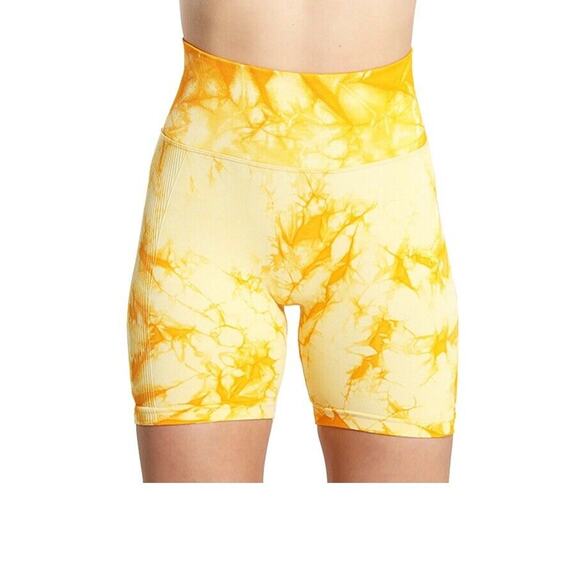 Yoga Trendy Allover Print Wideband Waist Sports Short Tie Die Yellow W26 - Picture 3 of 12
